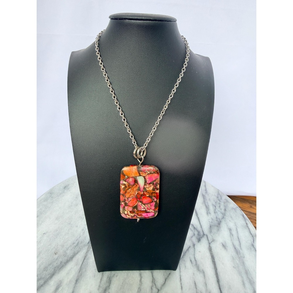 Vintage Pink & Orange Mosaic Sea Sediment Jasper Pendant Statement Boho Necklace